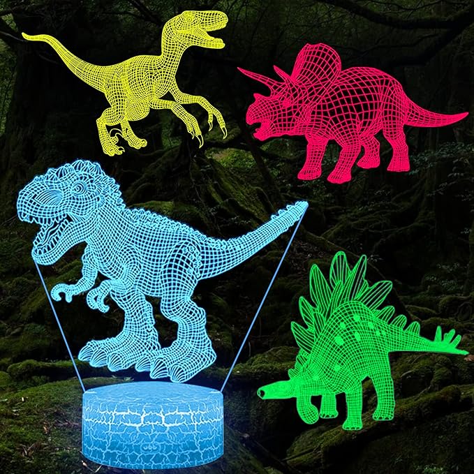 Dinosaur Toys 3D Dinosaur Night Light, 4 Pieces 3D Dinosaur Lamp Toy with 16 Color Changes and Remote Control, Dinosaur Toy Gifts for Kids Boys Girls from 3 4 5 6+ Years - LeafyLoom