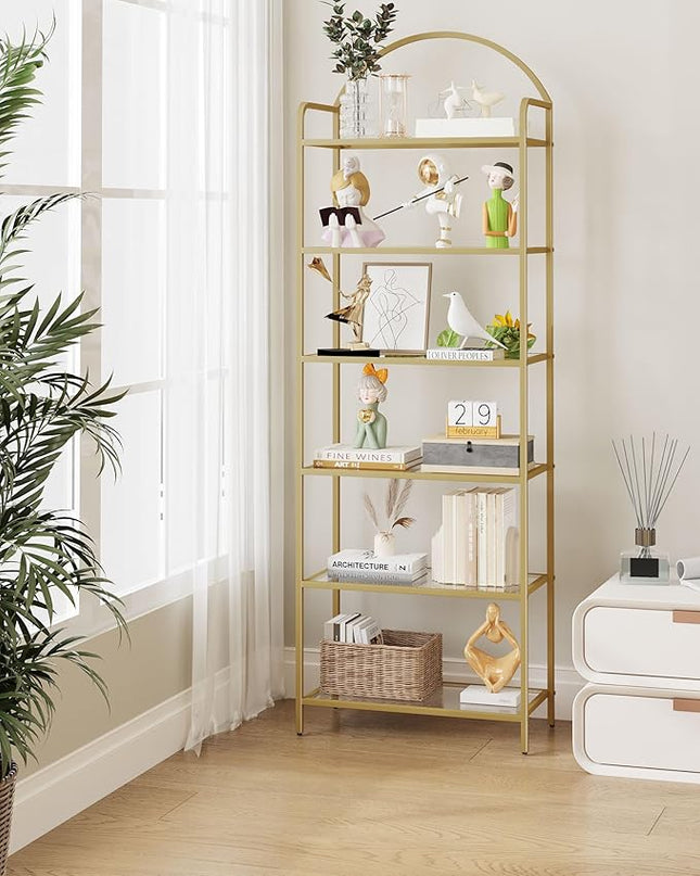 Bookcase Bookshelf, Tempered Glass Bookshelves, Slim Shelving Unit for Bedroom, Bathroom, Home Office, Steel Frame, 6 Tier Gold BC21699G - LeafyLoom