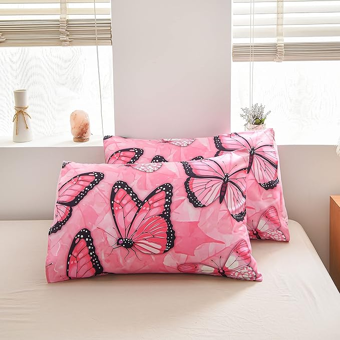 Btargot 3 Piece Pink Butterfly Girls Kids Adults Full Size Comforter Set, Lightweight Soft All Season Bedding Set with 2 Pillowcases - LeafyLoom