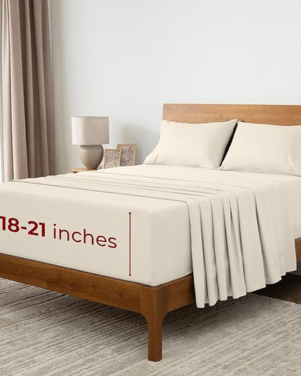 Mellanni Extra Deep California King Sheets - 4 PC Iconic Collection Bedding Sheets & Pillowcases - Luxury, Ultra Soft, Cooling Bed Sheets - Extra Deep Pocket up to 21 inch (Cal King, Golden Ivory) - LeafyLoom