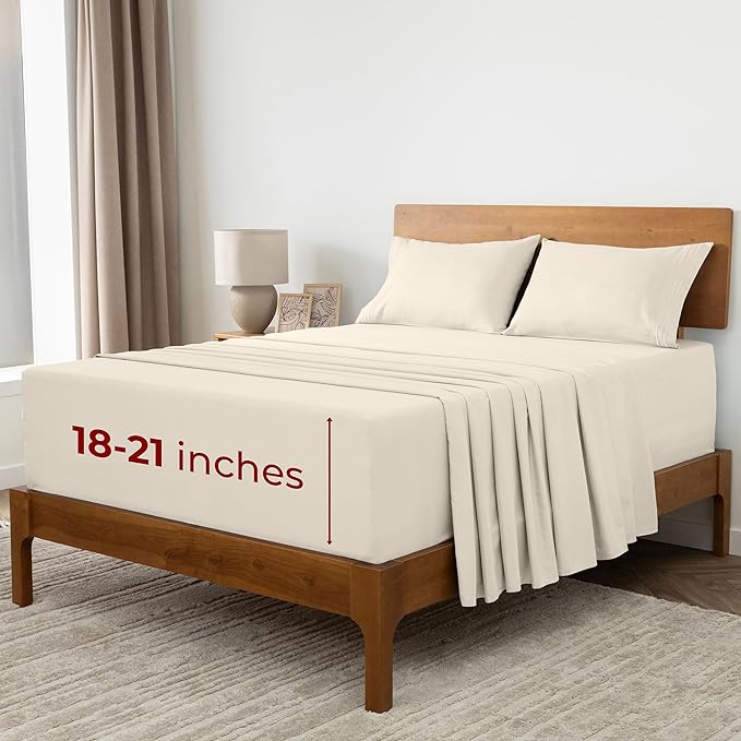 Mellanni Extra Deep California King Sheets - 4 PC Iconic Collection Bedding Sheets & Pillowcases - Luxury, Ultra Soft, Cooling Bed Sheets - Extra Deep Pocket up to 21 inch (Cal King, Golden Ivory) - LeafyLoom