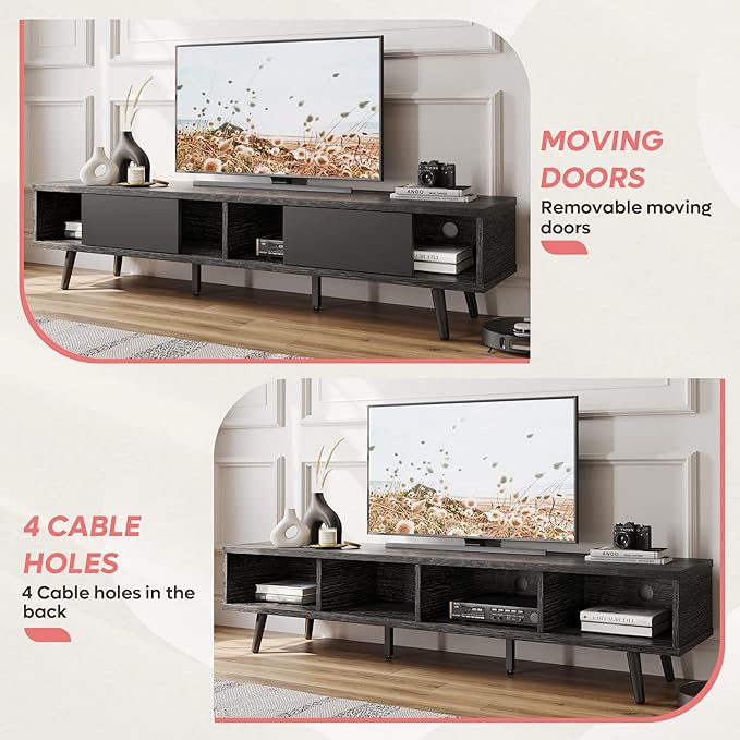Bestier 70 inch Mid Century Modern Entertainment Center for 75 inch Display, Low Profile with Storage, for Living Room, Cord Management, Black Ash - LeafyLoom