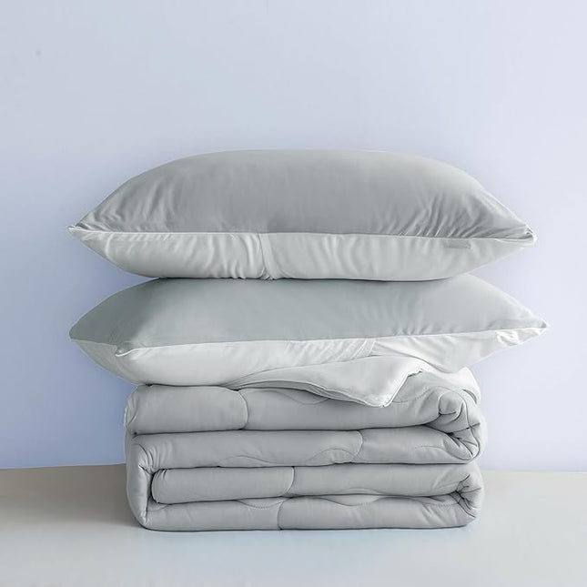 COTTEBED Ultra-Soft Reversible Comforter Set Twin Sized, Jersey Knit T-Shirt Feel Lightweight Cozy Bedding Blanket Quilt for Boy Kids Girl School College Dorm All Season(Twin/TwinXL Light Grey White) - LeafyLoom