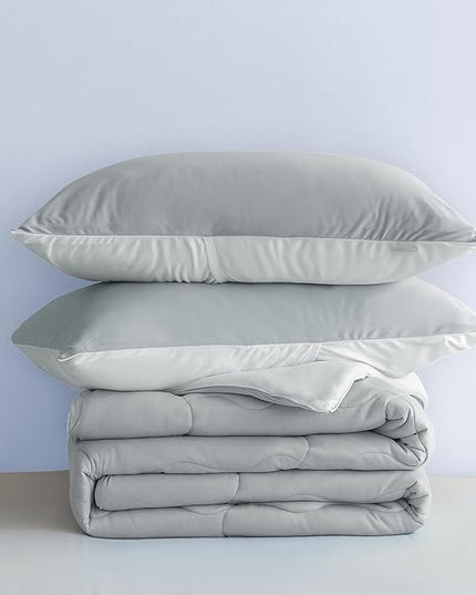 COTTEBED Reversible Comforter Sets KING Size Bed, Jersey Knit T-Shirt Feel Bedding Down Comforters Quilt & Pillowcase -Super Soft Cozy Lightweight All Season (Light Grey and White California Cal/King) - LeafyLoom