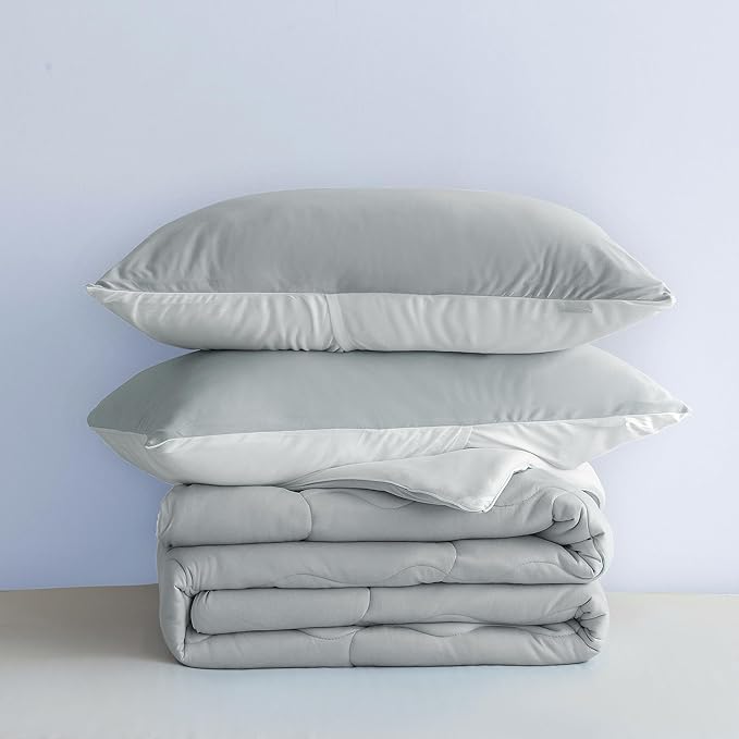 COTTEBED Reversible Comforter Sets KING Size Bed, Jersey Knit T-Shirt Feel Bedding Down Comforters Quilt & Pillowcase -Super Soft Cozy Lightweight All Season (Light Grey and White California Cal/King) - LeafyLoom