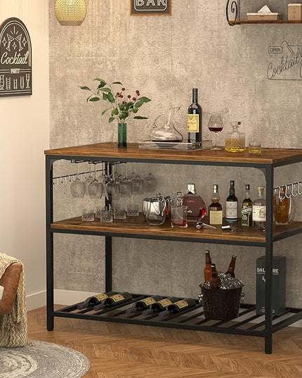 Homieasy Kitchen Island with Wine Glass Holder, Industrial Wood and Metal Coffee Bar Rack, 3 Tier Spacious Prep Table Extended Counter with Hooks Easy to Assemble, Rustic Brown - LeafyLoom