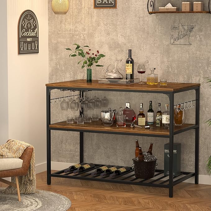 Homieasy Kitchen Island with Wine Glass Holder, Industrial Wood and Metal Coffee Bar Rack, 3 Tier Spacious Prep Table Extended Counter with Hooks Easy to Assemble, Rustic Brown - LeafyLoom