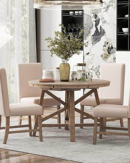 Merax 5-Piece Retro Wood Dining Set for 4 with Extendable Round Table and 16" Removable Middle Leaf, Including 4 Upholstered Backrest Cusioned Chairs, for Kitchen, Living Room, Natural Wood Wash - LeafyLoom