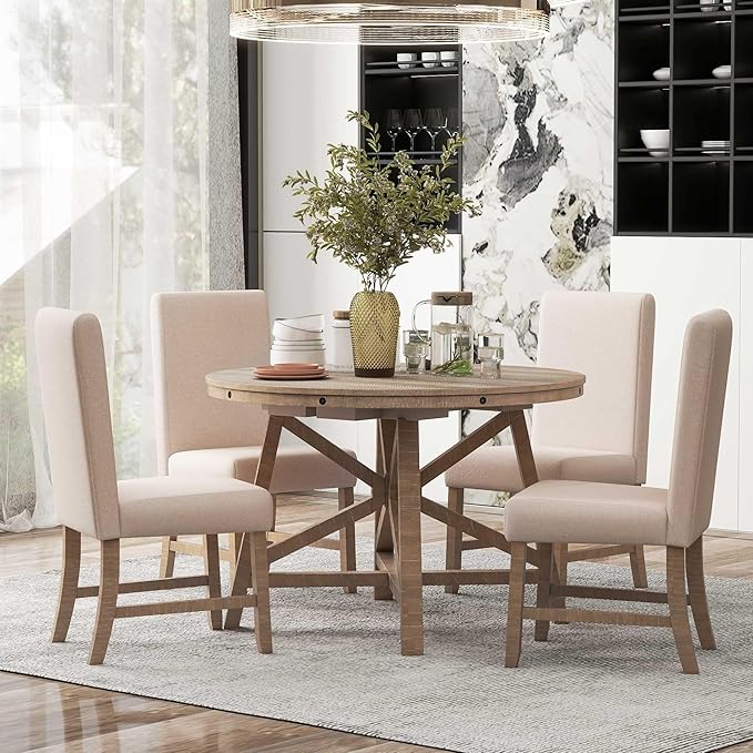 Merax 5-Piece Retro Wood Dining Set for 4 with Extendable Round Table and 16" Removable Middle Leaf, Including 4 Upholstered Backrest Cusioned Chairs, for Kitchen, Living Room, Natural Wood Wash - LeafyLoom