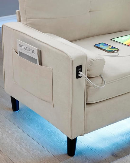 3 Seater L Shaped Convertible Sectional Sofa Couch with Reversible Chaise , Linen Upholstered Corner Sleeper Lounge Sofá with 2 USB Ports and LED Lights ,Storage for Small Space Living Room Apartment - LeafyLoom