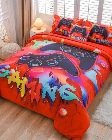 Aimuan Gaming Comforter Sets for Boys Kids Bedding Sets Video Games Console Action Buttons Novelty Colorful Game Gamepad Controller Modern Gamer Room Decor Home Quilt Set (Queen 6 Pcs,Red) - LeafyLoom