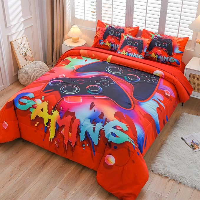 Aimuan Gamer Gaming Bedding Sets 3D Gamepad Comforter Sets for Boys Games Console Action Buttons Novelty Colorful Game Controller Modern Room Decor Home Quilt Set (Red, Full 6PCS) - LeafyLoom
