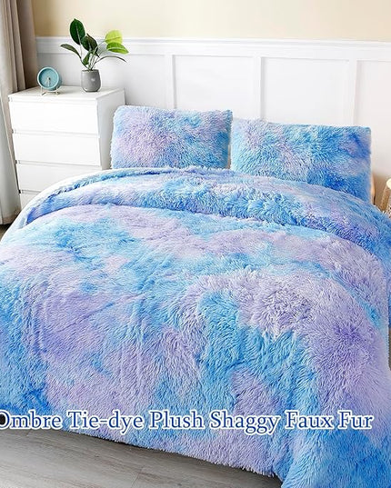 WINLIFE Shaggy Bedding Comforter Set Faux Fur Flannel Furry Comforter Microfiber Plush Comforter Sets Pastel Gradient Ombre Tie Dye MultiColor Bedding for Girls Adults (3Pcs, Queen, Purple Blue) - LeafyLoom