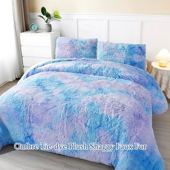 WINLIFE Shaggy Bedding Comforter Set Faux Fur Flannel Furry Comforter Microfiber Plush Comforter Sets Pastel Gradient Ombre Tie Dye MultiColor Bedding for Girls Adults (3Pcs, Queen, Purple Blue) - LeafyLoom