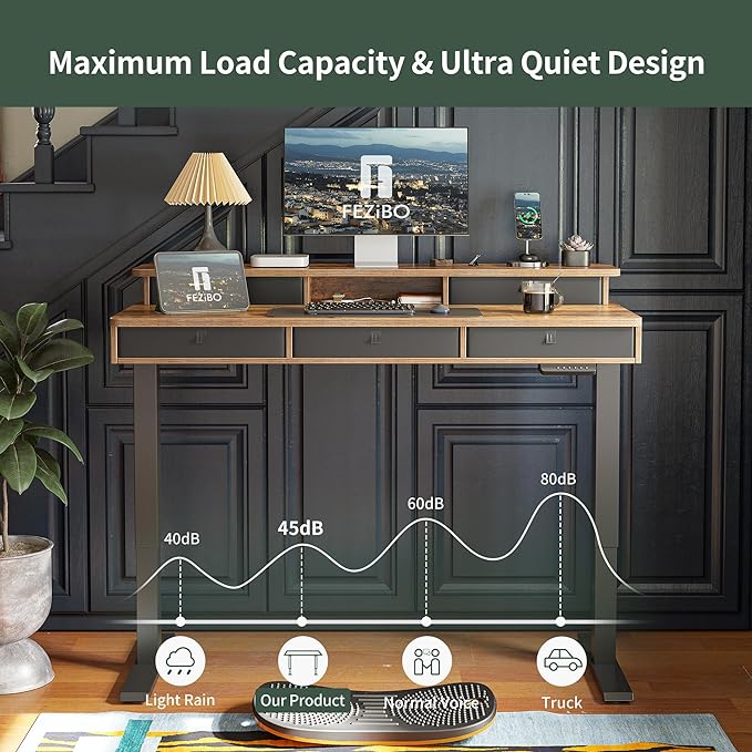 FEZIBO Height Adjustable Electric Standing Desk with 5 Drawers, 48 x 24 Inch Table with Storage Shelf, Sit Stand Desk Black Frame/Rustic Brown Top, 48 inch - LeafyLoom