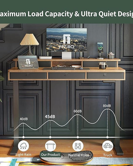 FEZIBO Height Adjustable Electric Standing Desk with 5 Drawers, 55 x 24 Inch Table with Storage Shelf, Sit Stand Desk Black Frame/Rustic Brown Top, 55 inch - LeafyLoom