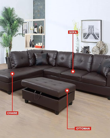 ROOMTEC Button L Shape 3 Piece Sectional Sofa Set, Upholstered Corner Couch with Storage Ottoman, Faux Leather Tufted Cushions, for Living Room, Apartment, 103inch, Deer Brown w/Left Chaise Lounge - LeafyLoom