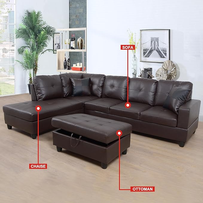 ROOMTEC Button L Shape 3 Piece Sectional Sofa Set, Upholstered Corner Couch with Storage Ottoman, Faux Leather Tufted Cushions, for Living Room, Apartment, 103inch, Deer Brown w/Left Chaise Lounge - LeafyLoom