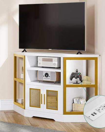 YITAHOME Corner TV Stand for TVs up to 55/50 Inch with Power Outlet, Modern Farmhouse Entertainment Center, Wood TV Media Console with Storage Cabinets Shelves for Living Room, 47", Gold - LeafyLoom