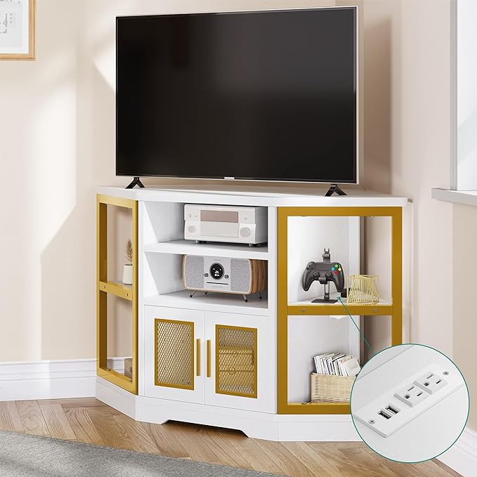 YITAHOME Corner TV Stand for TVs up to 55/50 Inch with Power Outlet, Modern Farmhouse Entertainment Center, Wood TV Media Console with Storage Cabinets Shelves for Living Room, 47", Gold - LeafyLoom
