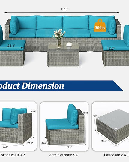 SUNVIVI OUTDOOR 7 Piece Patio Furniture Sets All Weather Grey PE Wicker Couch Sofa with Glass Table, Removable Blue Cushions - LeafyLoom