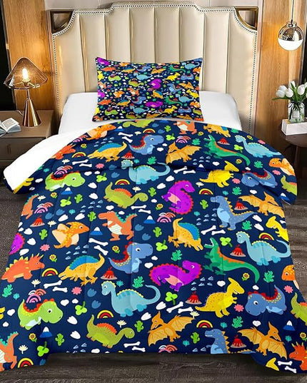 Dinosaur Comforter Set Twin - Cartoon Dinosaur Twin Bedding Set for Boys Kids Twin Size Comforter Set for Boys Soft Breathable Blue Dino Quilt Kids Bedding Set, 1 Comforter 1 Pillowcase - LeafyLoom