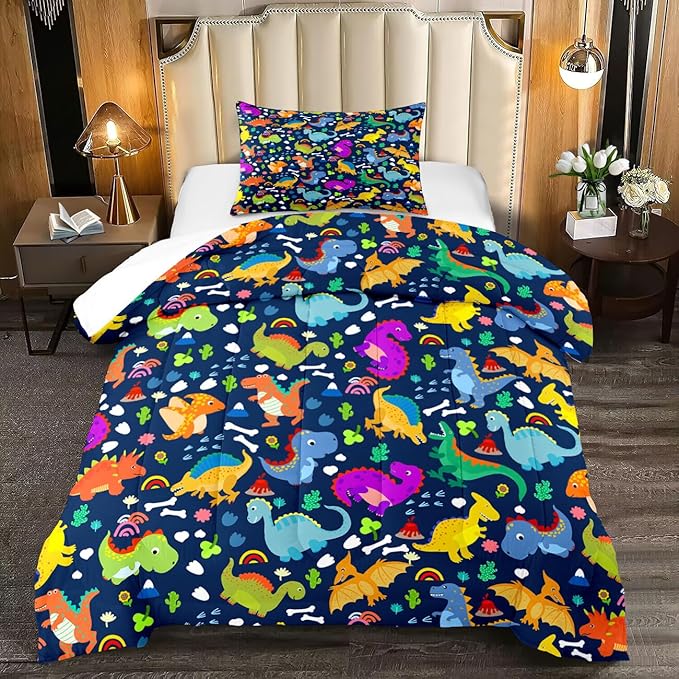 Dinosaur Comforter Set Twin - Cartoon Dinosaur Twin Bedding Set for Boys Kids Twin Size Comforter Set for Boys Soft Breathable Blue Dino Quilt Kids Bedding Set, 1 Comforter 1 Pillowcase - LeafyLoom