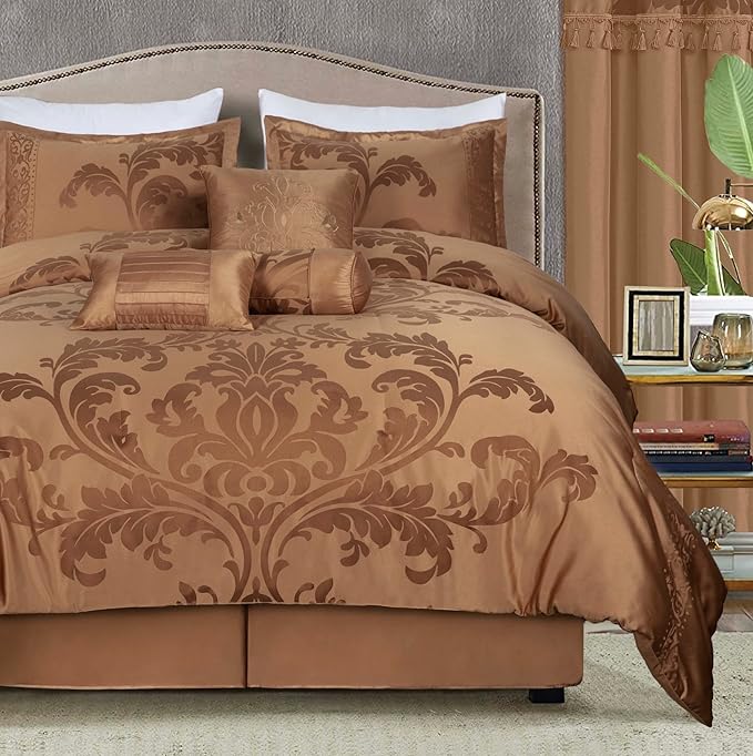 Chezmoi Collection 7-Piece Jacquard Floral Comforter Set (Queen, Copper/Gold) - LeafyLoom