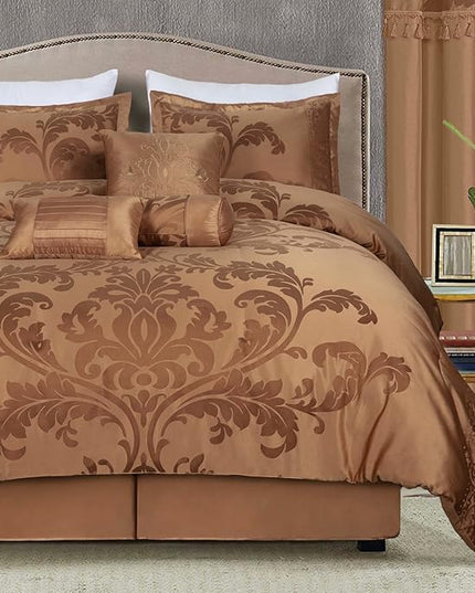 Chezmoi Collection 7-Piece Jacquard Floral Comforter Set (California King, Copper/Gold) - LeafyLoom