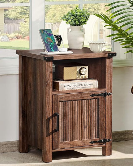 Night Stand, 18 Inch Farmhouse Nightstand with with Charging Station and USB Port, Rustic Couch End Table with Magnetic Door, Wood Bed Side Tables for Bedroom, Home, Brown Walnut - LeafyLoom