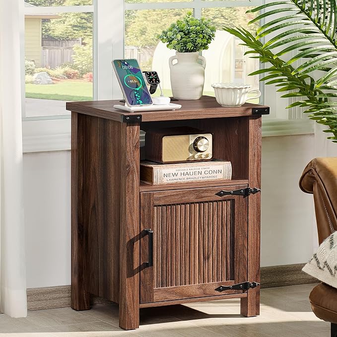 Night Stand, 18 Inch Farmhouse Nightstand with with Charging Station and USB Port, Rustic Couch End Table with Magnetic Door, Wood Bed Side Tables for Bedroom, Home, Brown Walnut - LeafyLoom