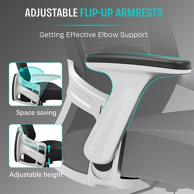 Ergonomic Office Desk Chair, Mesh Computer Gaming Chair with Adjustable Flip-Up Arms, Lumbar Support, Tilt Function, Comfy Wide Seat, Swivel Wheel, Sturdy Big and Tall Task Chairs for Adults Students - LeafyLoom
