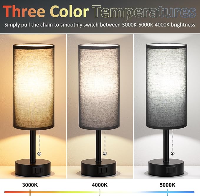 Black Bedside Table Lamps Set of 2-3 Color Temperatures Pull Chain Lamp with AC Outlet Charging Port, Two Round Night Stand Lamps for Bedroom Office, Small Bed Side Light with E26 LED Bulbs - LeafyLoom