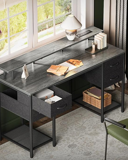 55 inch Computer Desk with 4 Drawers, Gaming Desk with LED Lights & Power Outlets, Home Office Desk with Large Storage Space for Bedroom, Work from Home, Gray - LeafyLoom