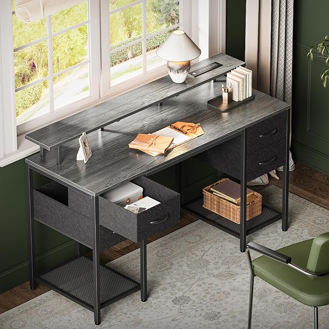 55 inch Computer Desk with 4 Drawers, Gaming Desk with LED Lights & Power Outlets, Home Office Desk with Large Storage Space for Bedroom, Work from Home, Gray - LeafyLoom