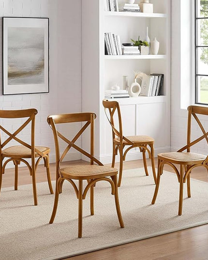 Modway Gear Rustic Modern Farmhouse Elm Wood Rattan Four Dining Chairs in Walnut - LeafyLoom