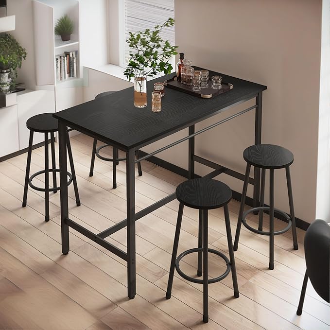 NicBex Dining Table Set for 4 Rural Kitchen Table Dining Table with 4 Bar Stools Modern Kitchen Table Set Space Saving for Home, Kitchen, Living Room, Office, Metal Frame and MDF, Black - LeafyLoom