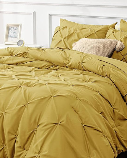 Bedsure Mustard Yellow King Size Comforter Set - Bedding Set King 7 Pieces, Pintuck Bed in a Bag Green Bed Set with Comforter, Sheets, Pillowcases & Shams - LeafyLoom