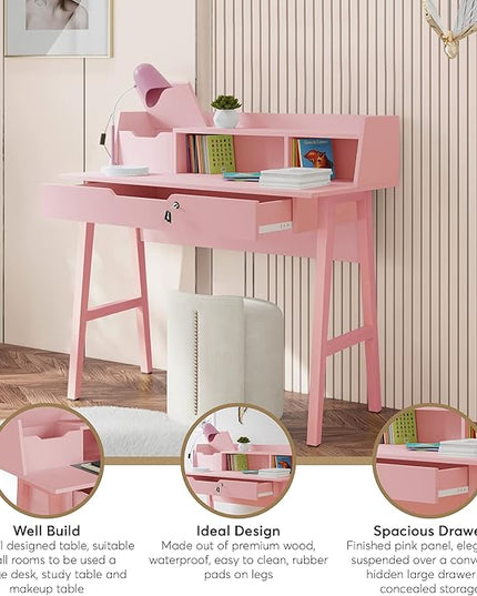 Roma Writing Desk - Elegant Wood Study Desk With Storage, Cable Holes & Drawers - Work Table for Home, Office, Dorm, Small Spaces - Compact Black Desk, 40x19x36.9” (pink) - LeafyLoom