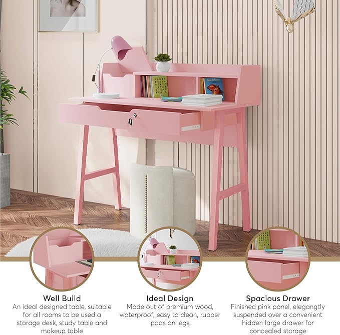 Roma Writing Desk - Elegant Wood Study Desk With Storage, Cable Holes & Drawers - Work Table for Home, Office, Dorm, Small Spaces - Compact Black Desk, 40x19x36.9” (pink) - LeafyLoom