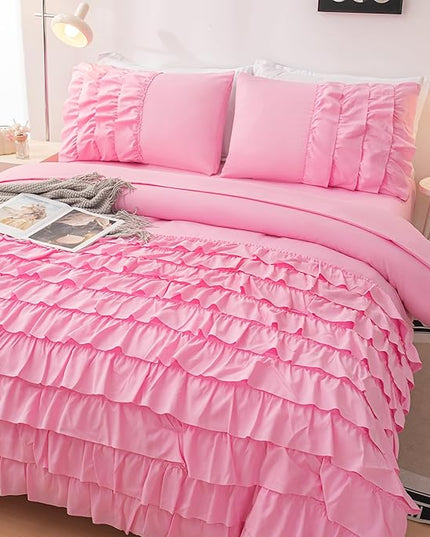 Pink Comforter Set Twin, 5-Piece Bed in a Bag Twin for Teen Girls, Pink Ruffle Bedding Set for Girls Kids, Teen Girls Bedding Sets,Princess Dress Comforter for All Season - LeafyLoom