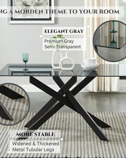 Modern Style Dining Table with Tempered Glass Top and Metal Tubular Legs, 58.5”Lx29”Wx30”H, Black - LeafyLoom