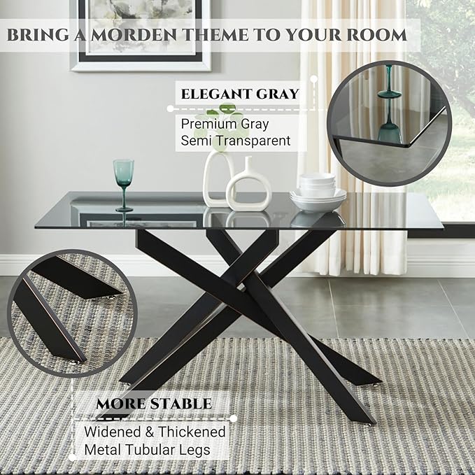 Modern Style Dining Table with Tempered Glass Top and Metal Tubular Legs, 58.5”Lx29”Wx30”H, Black - LeafyLoom