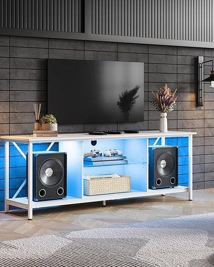 WLIVE TV Stand up to 65 Inch TV, 55" Entertainment Center with LED, Industrial TV Console with Glass Shelf for Living Room and Bedroom, White - LeafyLoom