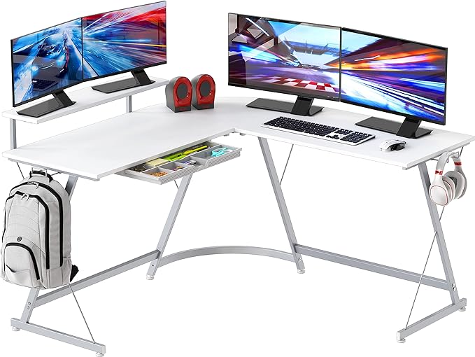 SHW Vista L-Shape Desk with Monitor Stand, White - LeafyLoom