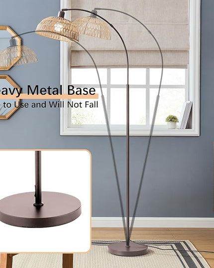 Curved Floor Lamp with Remote Control and Foot Switch Adjustable Hanging Drum Woven Lampshade, Reading Lamp Next to Sofa, Living Room and Bedroom (New Coffee Gold) - LeafyLoom