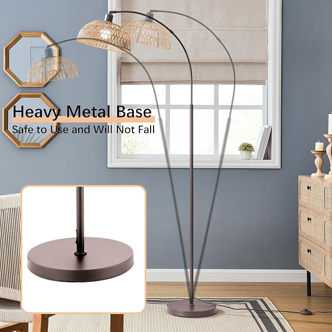 Curved Floor Lamp with Remote Control and Foot Switch Adjustable Hanging Drum Woven Lampshade, Reading Lamp Next to Sofa, Living Room and Bedroom (New Coffee Gold) - LeafyLoom