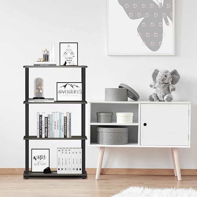 Furinno Turn-N-Tube 4-Tier Multipurpose Shelf Display Rack, Square Tube, French Oak Grey/Black - LeafyLoom