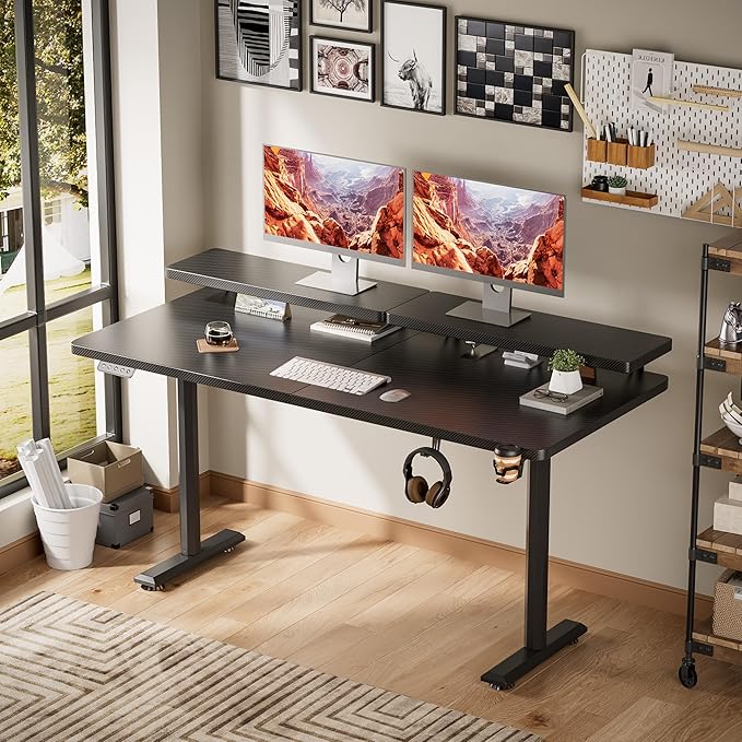 Electric Standing Desk with Monitor Shelf, 55 x 24 Inches Height Adjustable Corner Table, Computer Workstation with Cup Holder and Hook for Home Office, 55 x 24 Inch, Dark Black - LeafyLoom