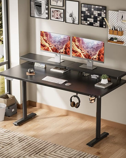 Electric Standing Desk with Monitor Shelf, 55 x 24 Inches Height Adjustable Corner Table, Computer Workstation with Cup Holder and Hook for Home Office, Black, 55x24 Inch - LeafyLoom